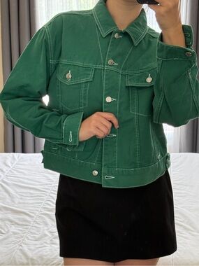 Topshop emerald green denim jacket with white contrast stitching